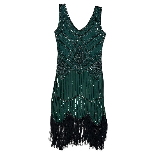 Fundaisy Dresses & Skirts - Green Sequin Beaded Flapper Dress XS 1920s Great Gatsby Fringe Costume Halloween